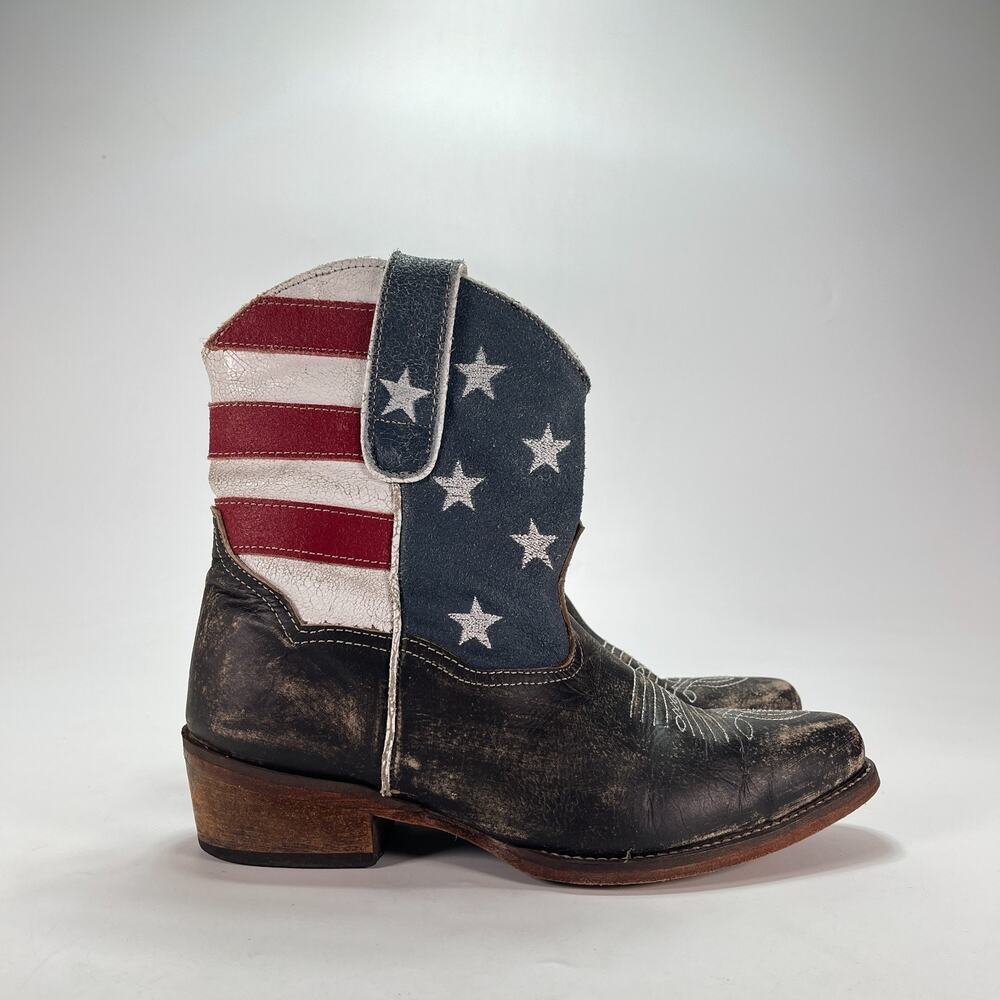 Roper American Beauty Shorty Brown American Flag Cowboy Boots Women's Size 7